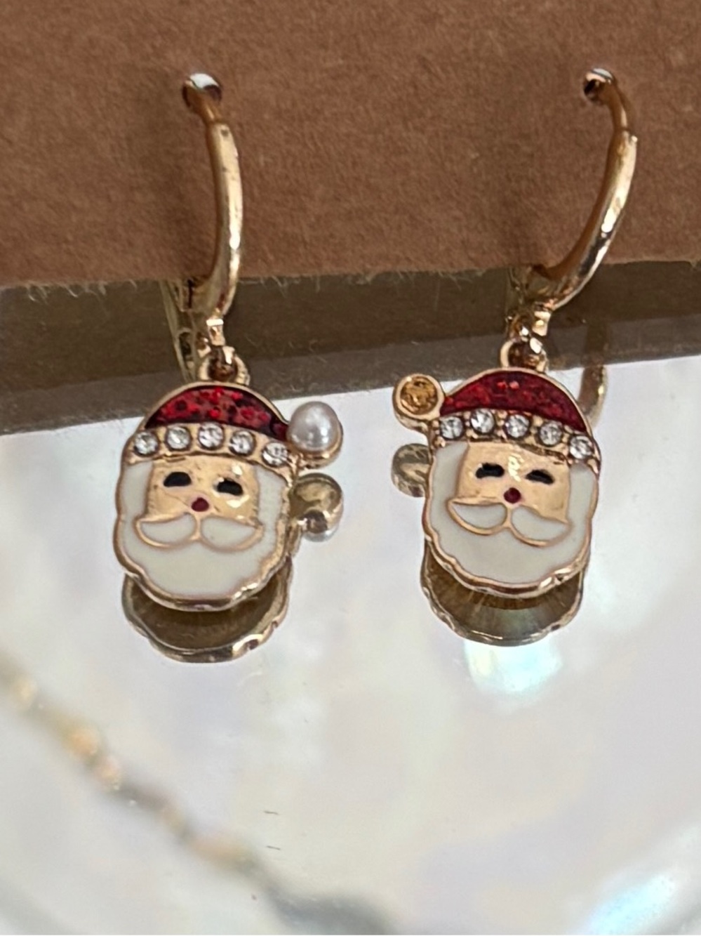 Gold Santa Face Hoop Earrings - Holiday Charm Earrings in Red and White